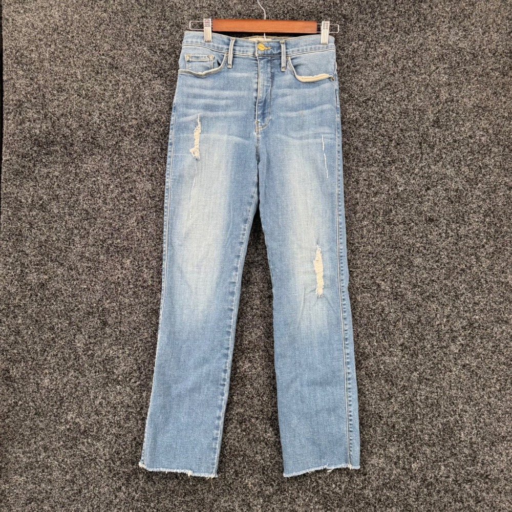 FRAME Le Sylvie Slender Straight Jeans Echo Park Distressed Raw Hem Size 27